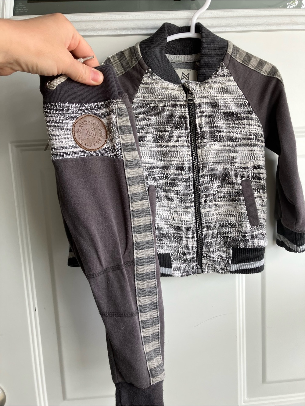 Koko Noko grey bomber-style jacket pants textured knit striped set 18 months